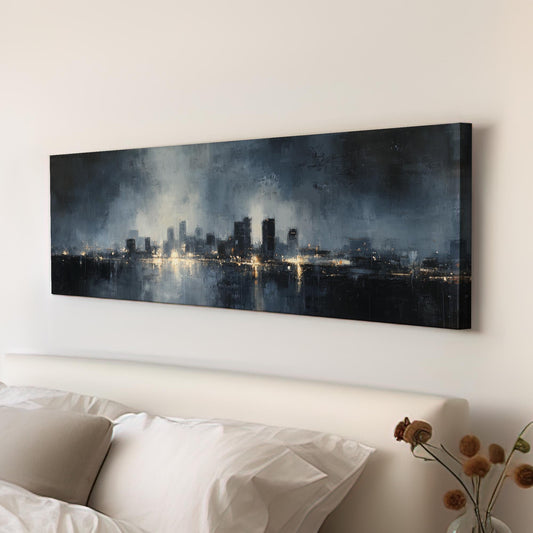 Urban Dawn Canvas Art Abstract Cityscape Print Contemporary Wall Art For Living Room Midnight Sapphire Art Skyline Decor Panoramic Wall Art