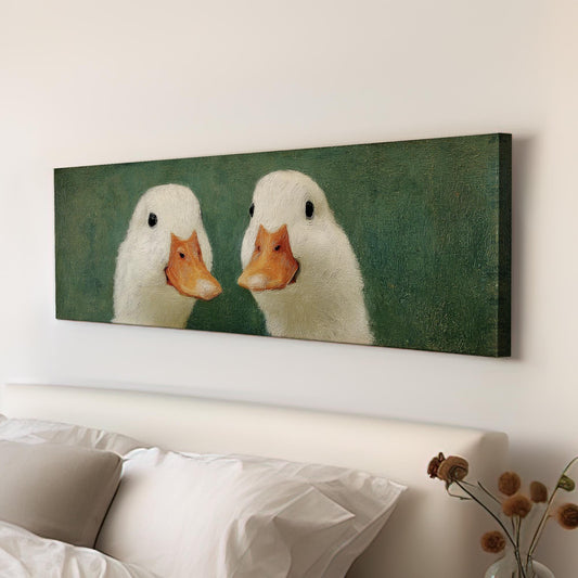 Two Ducks in Whimsy Canvas Art Impressionistic Print Eclectic Wall Art For Kitchen Verdant Green Art Animal Pair Decor Panoramic Wall Art