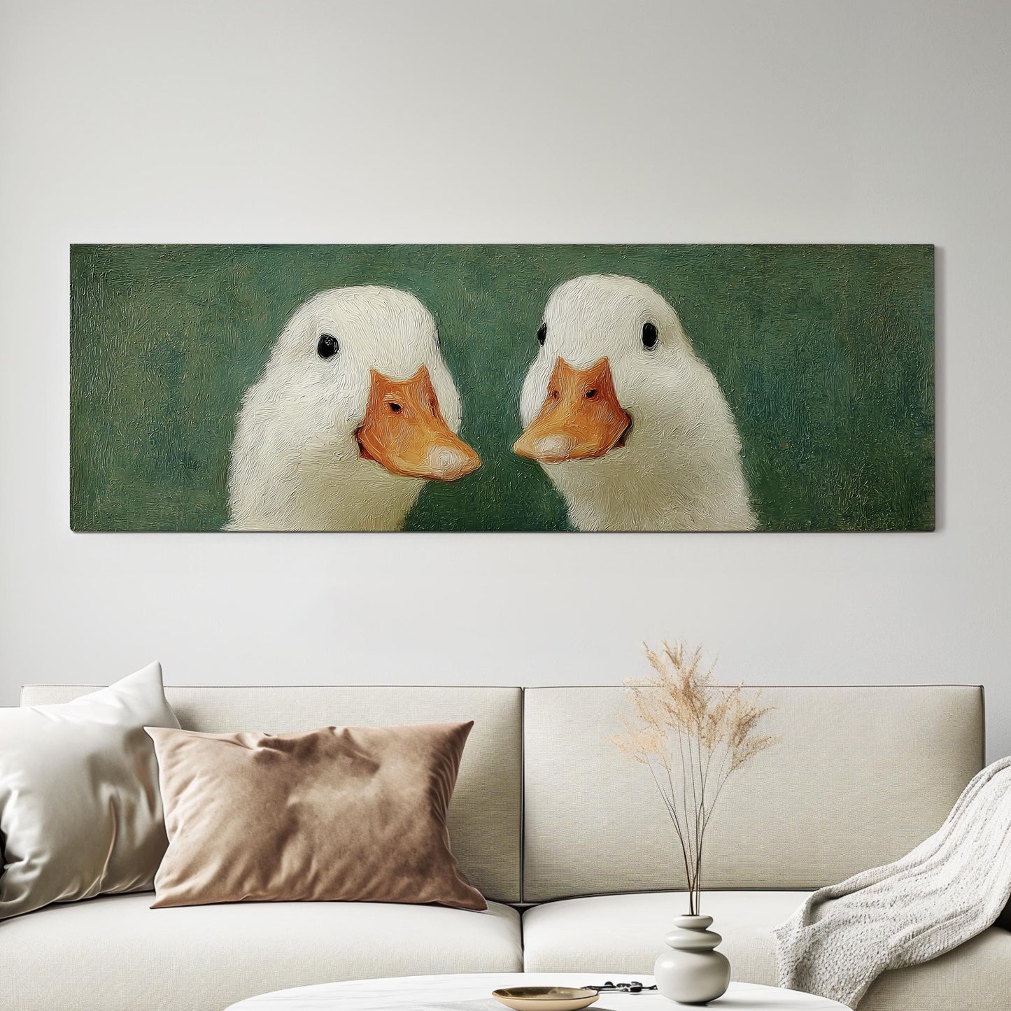 Two Ducks in Whimsy Canvas Art Impressionistic Print Eclectic Wall Art For Kitchen Verdant Green Art Animal Pair Decor Panoramic Wall Art