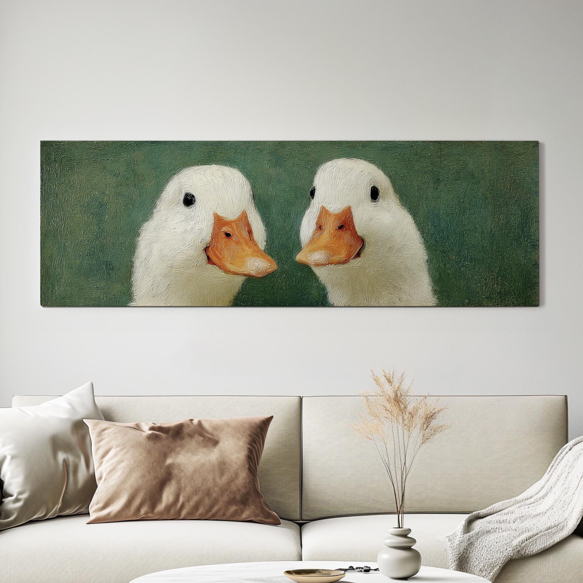 Two Ducks in Whimsy Canvas Art Impressionistic Print Eclectic Wall Art For Kitchen Verdant Green Art Animal Pair Decor Panoramic Wall Art