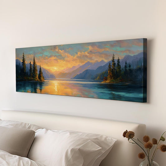 Sunset Serenity Canvas Art Impressionist Print Contemporary Wall Art For Living Room Golden Amber Art Mountain Lake Decor Panoramic Wall Art