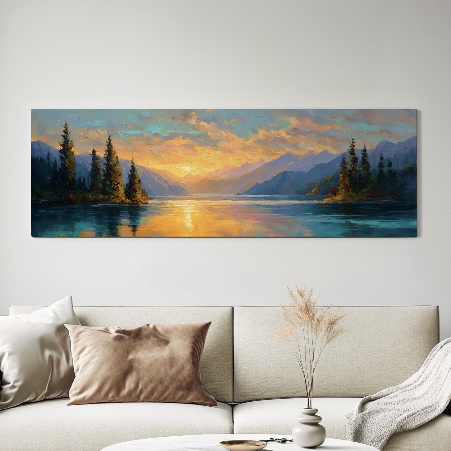 Sunset Serenity Canvas Art Impressionist Print Contemporary Wall Art For Living Room Golden Amber Art Mountain Lake Decor Panoramic Wall Art