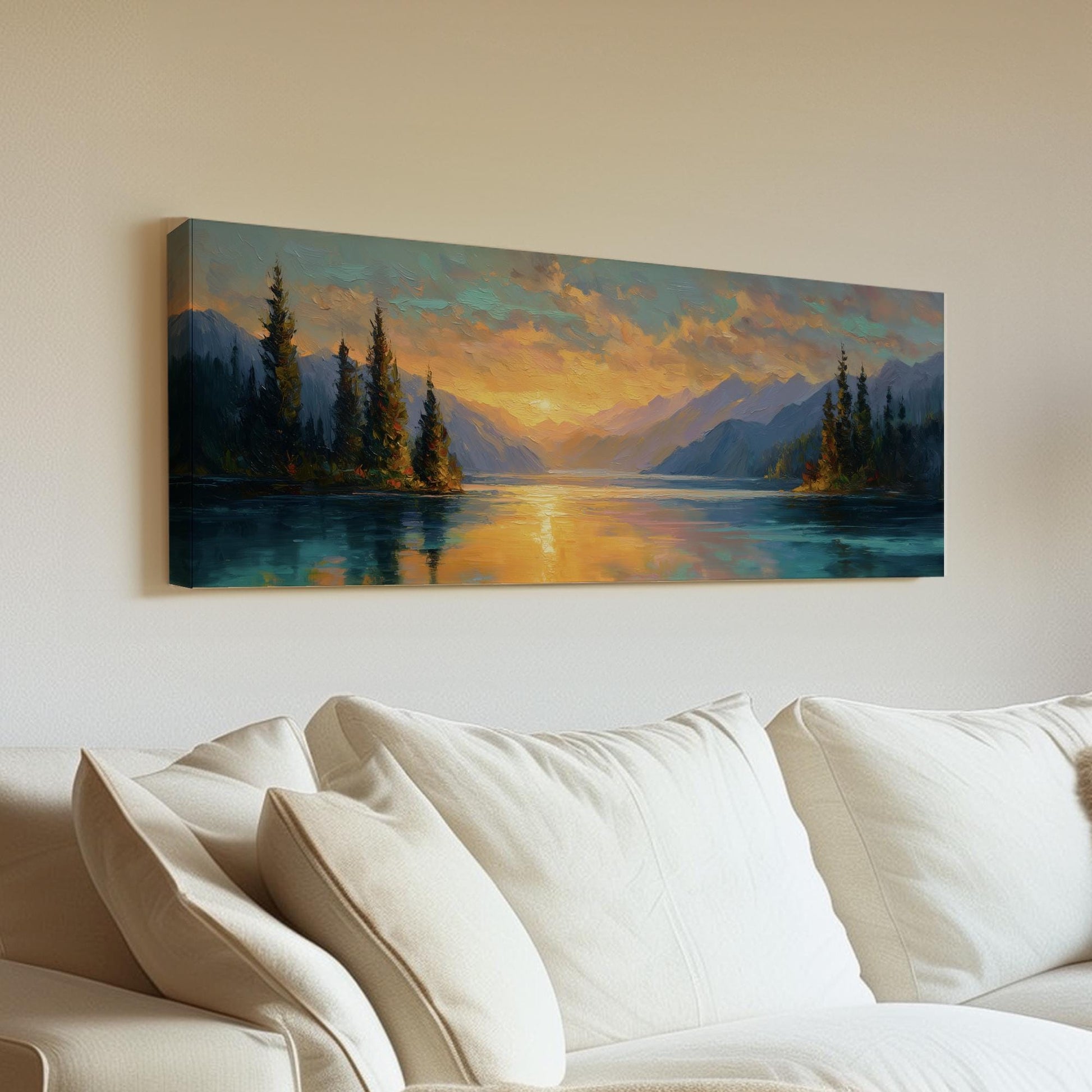 Sunset Serenity Canvas Art Impressionist Print Contemporary Wall Art For Living Room Golden Amber Art Mountain Lake Decor Panoramic Wall Art