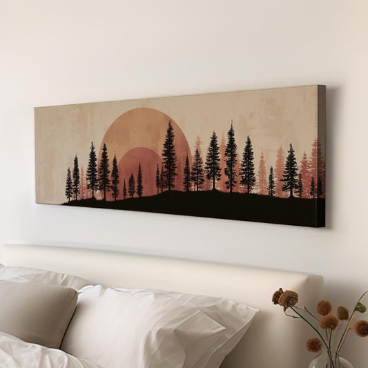 Sunset Pines Canvas Art Rustic Landscape Print Modern Wall Art For Living Room Terra Cotta Art Silhouette Forest Decor Panoramic Wall Art