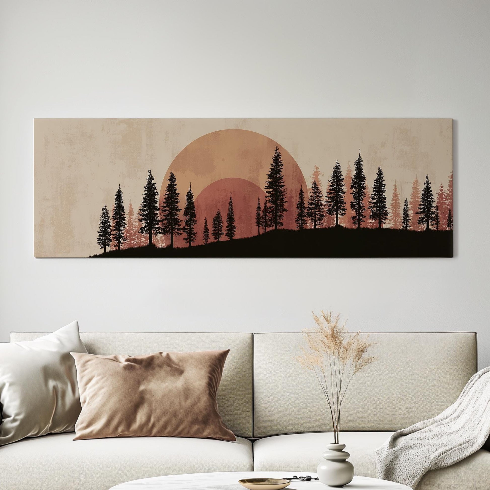Sunset Pines Canvas Art Rustic Landscape Print Modern Wall Art For Living Room Terra Cotta Art Silhouette Forest Decor Panoramic Wall Art
