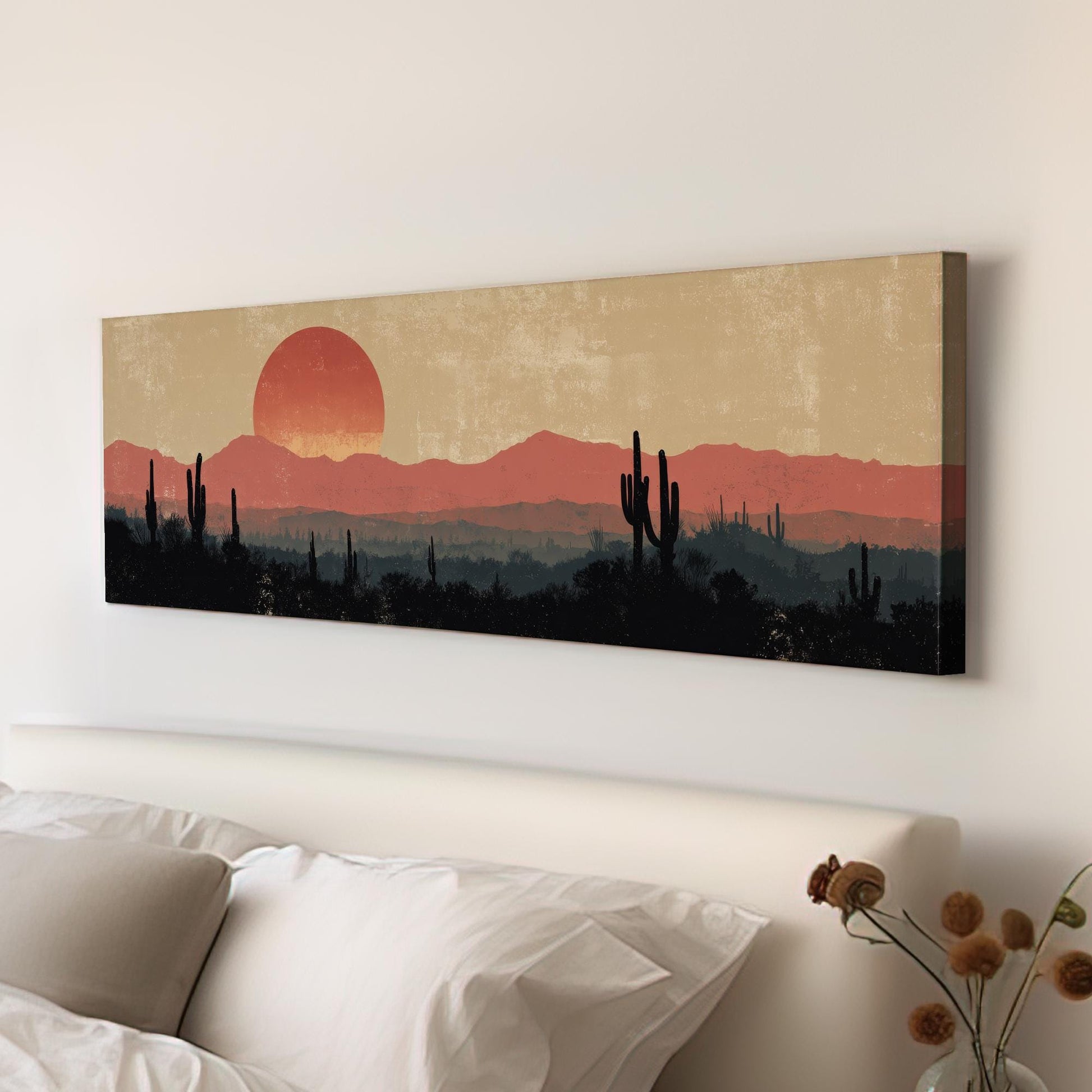 Sunset Over Desert Horizons Canvas Art Southwestern Print Bohemian Wall Art For Living Room Sienna Dusk Art Cactus Landscape Panoramic Art