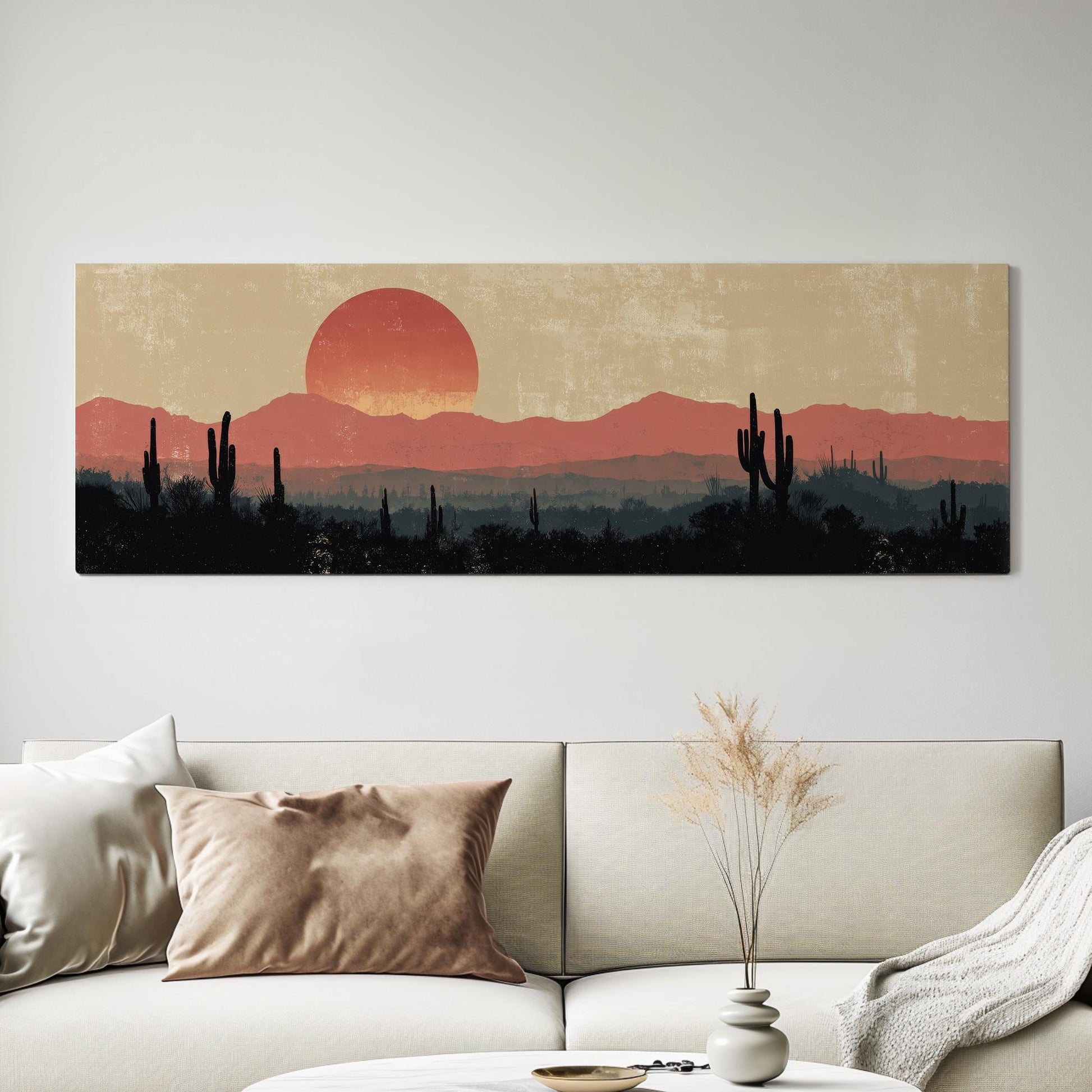 Sunset Over Desert Horizons Canvas Art Southwestern Print Bohemian Wall Art For Living Room Sienna Dusk Art Cactus Landscape Panoramic Art