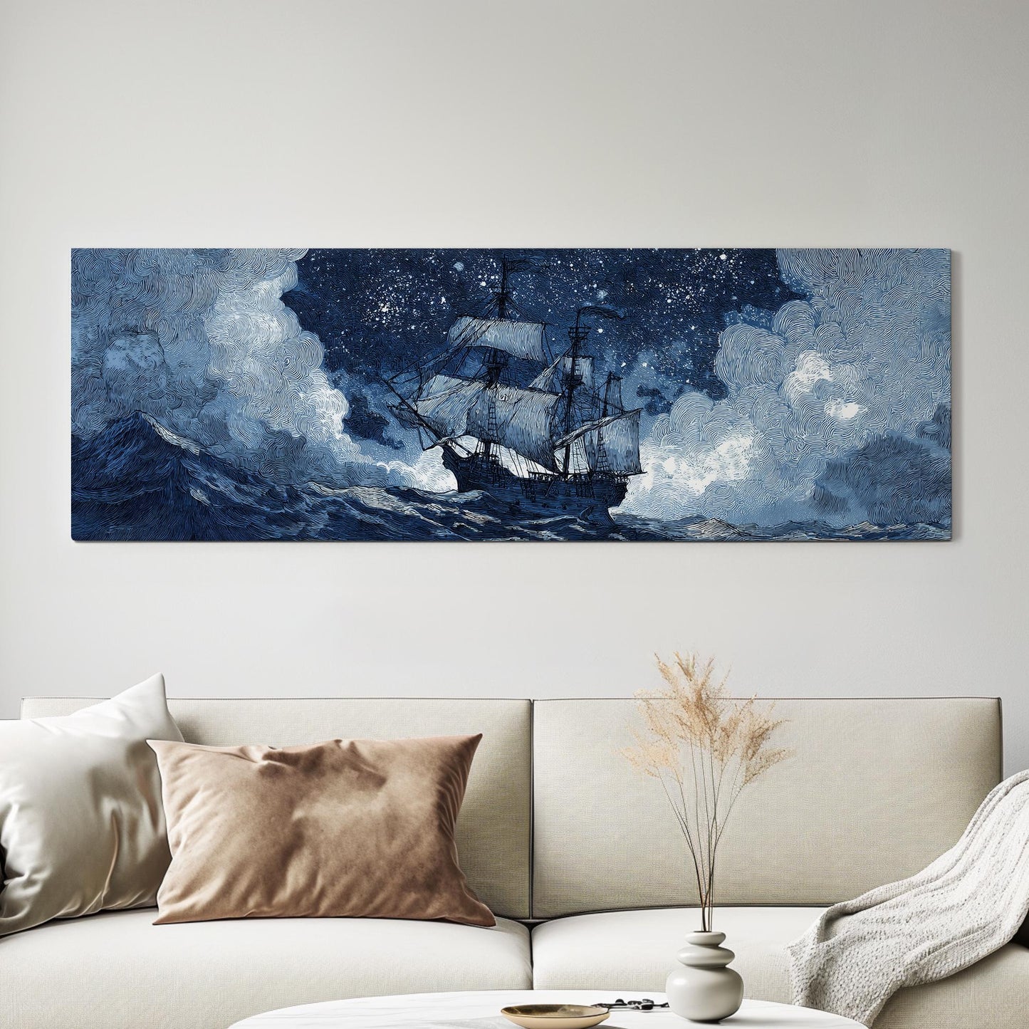 Sailing Through Stars Canvas Art Nautical Dreamscape Print Nautical Wall Art For Living Room Midnight Blue Art Ship Adventure Panoramic Art