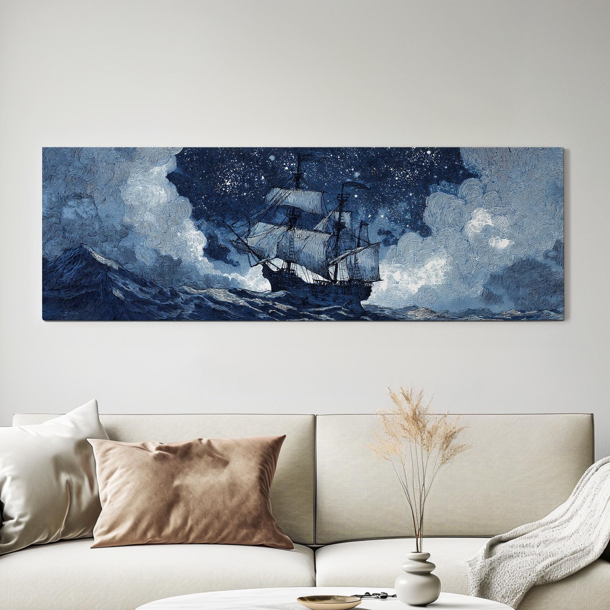 Sailing Through Stars Canvas Art Nautical Dreamscape Print Nautical Wall Art For Living Room Midnight Blue Art Ship Adventure Panoramic Art