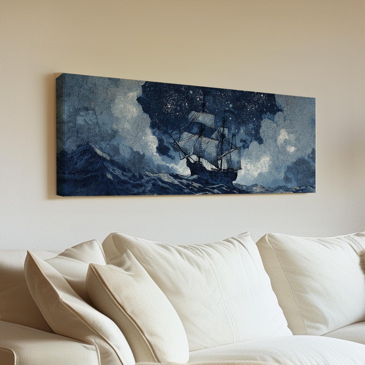 Sailing Through Stars Canvas Art Nautical Dreamscape Print Nautical Wall Art For Living Room Midnight Blue Art Ship Adventure Panoramic Art