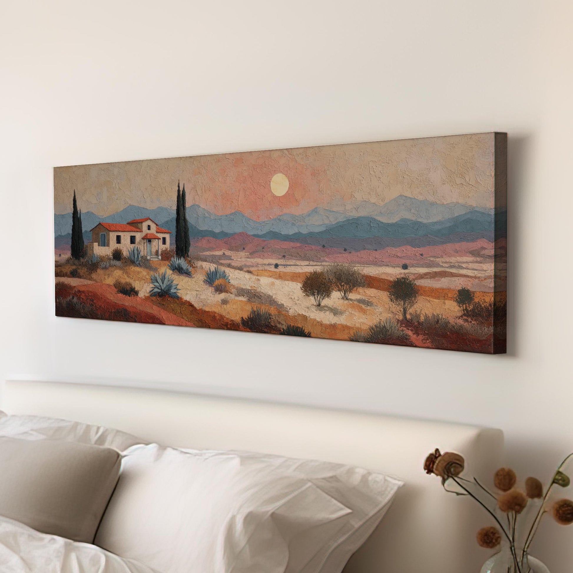 Rustic Hillside Retreat Canvas Art Impressionist Print Mediterranean Wall Art For Living Room Sunset Peach Art Landscape Panoramic Wall Art