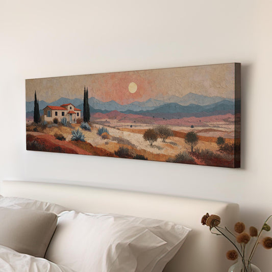 Rustic Hillside Retreat Canvas Art Impressionist Print Mediterranean Wall Art For Living Room Sunset Peach Art Landscape Panoramic Wall Art