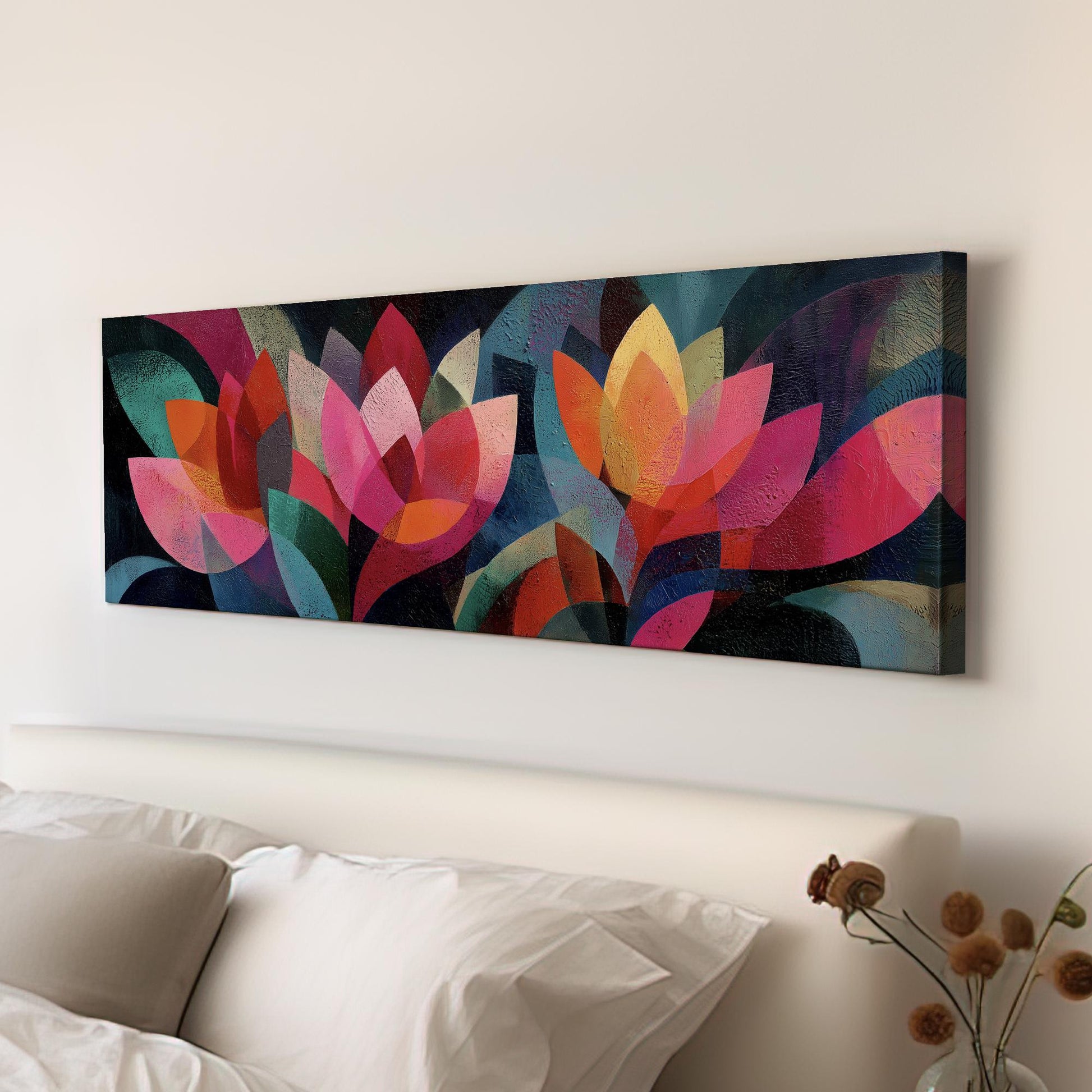 Radiant Petals Canvas Art Abstract Print Contemporary Wall Art For Living Room Crimson Night Art Floral Decor Panoramic Wall Art