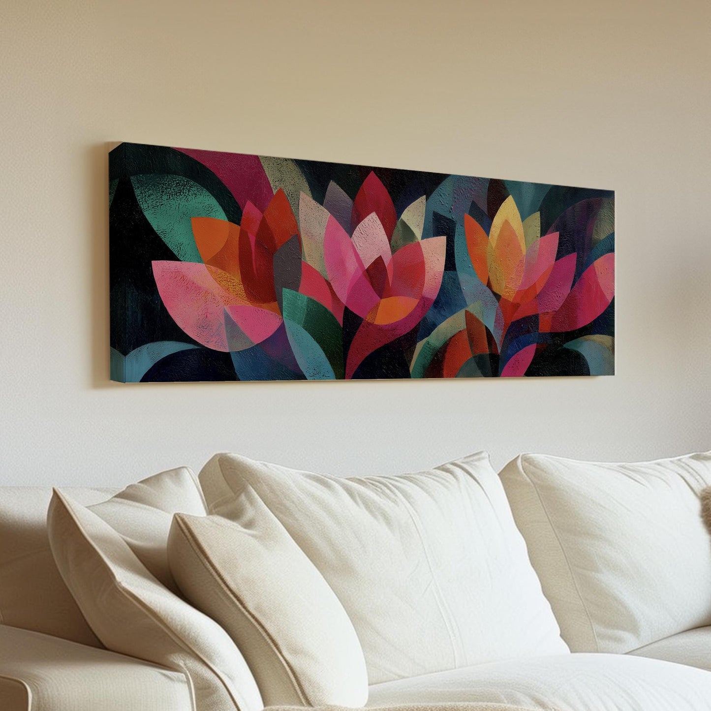 Radiant Petals Canvas Art Abstract Print Contemporary Wall Art For Living Room Crimson Night Art Floral Decor Panoramic Wall Art