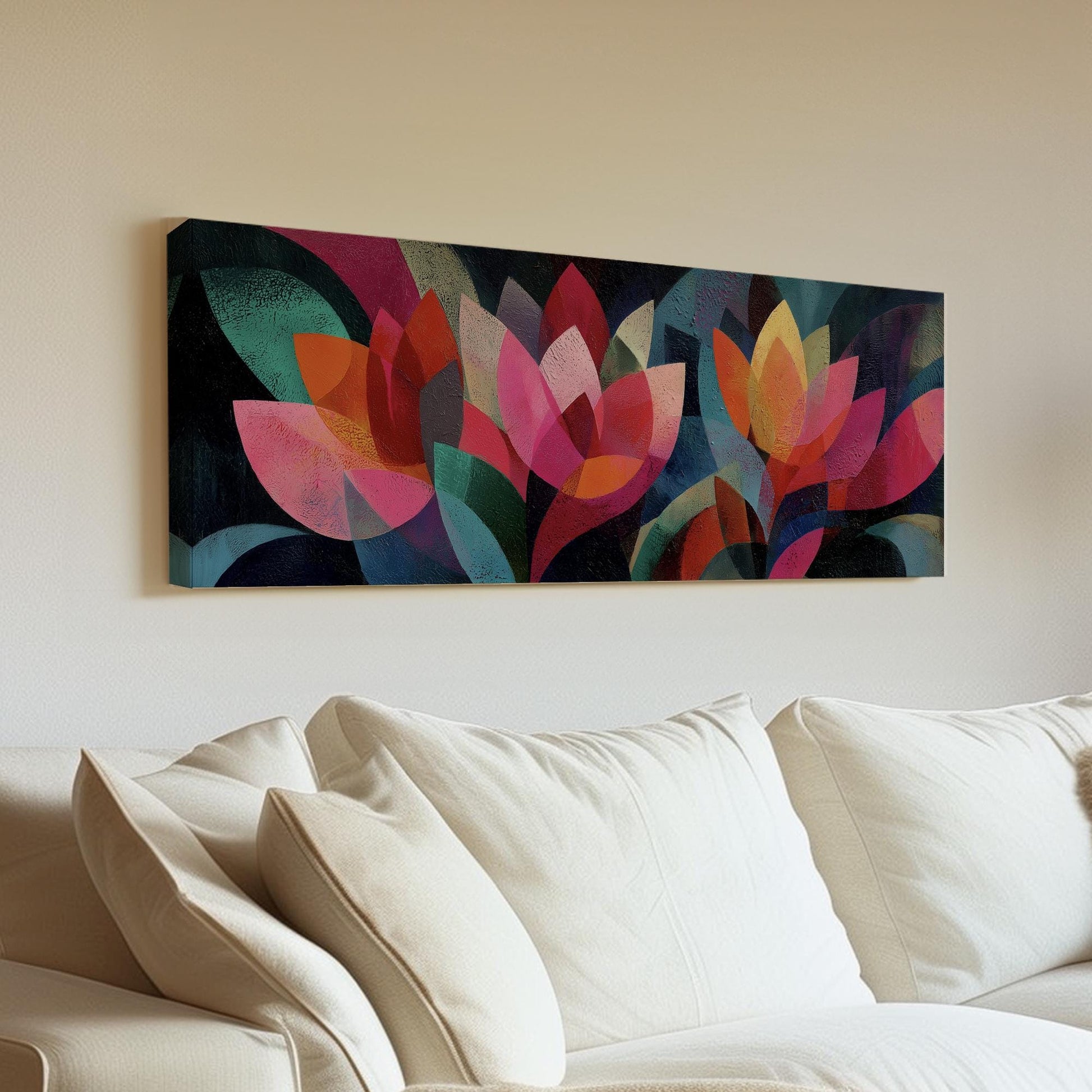 Radiant Petals Canvas Art Abstract Print Contemporary Wall Art For Living Room Crimson Night Art Floral Decor Panoramic Wall Art