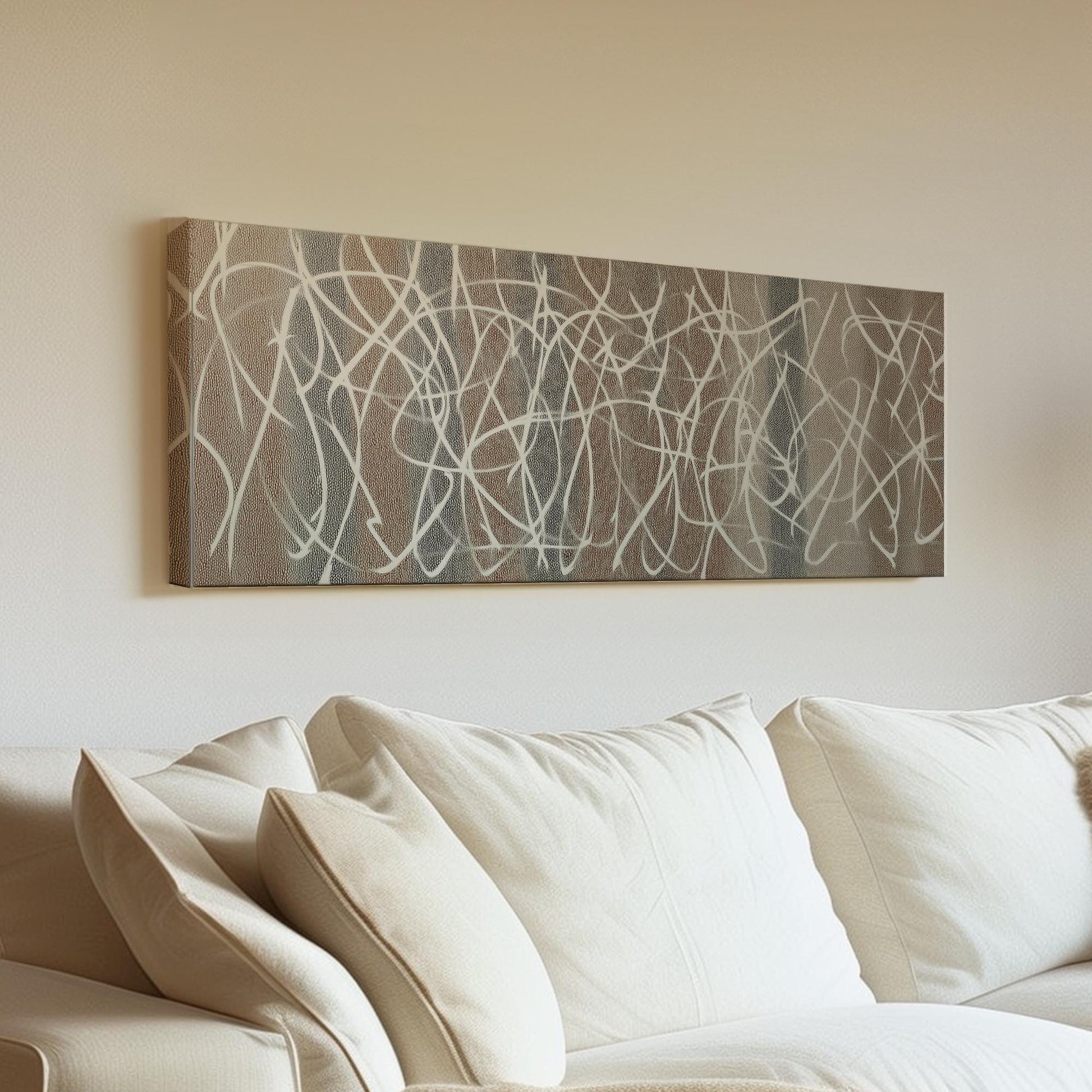 Interwoven Whispers Canvas Art Abstract Print Modern Wall Art For Living Room Cocoa Mist Art Line Patterns Decor Panoramic Wall Art