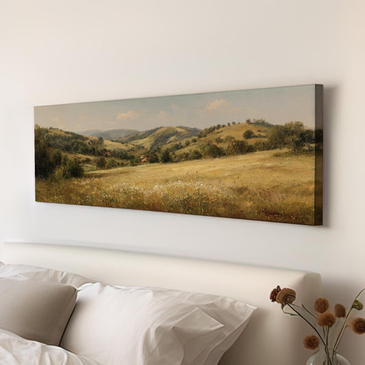 Golden Meadow Canvas Art Impressionist Print Rustic Wall Art For Living Room Sunlit Amber Art Landscape Decor Panoramic Wall Art