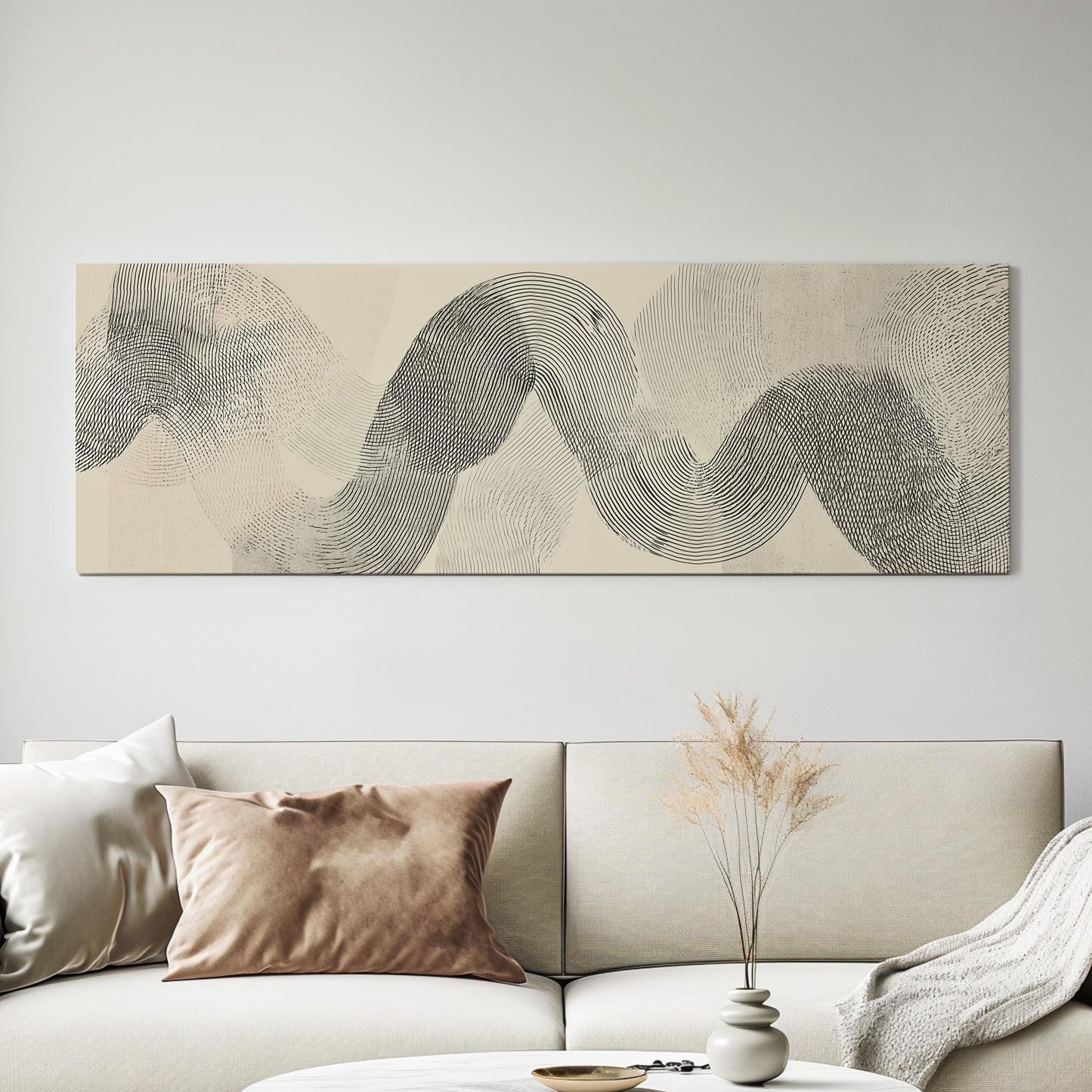 Flowing Lines Canvas Art Abstract Print Modern Wall Art For Living Room Sandy Beige Art Pattern Decor Panoramic Wall Art