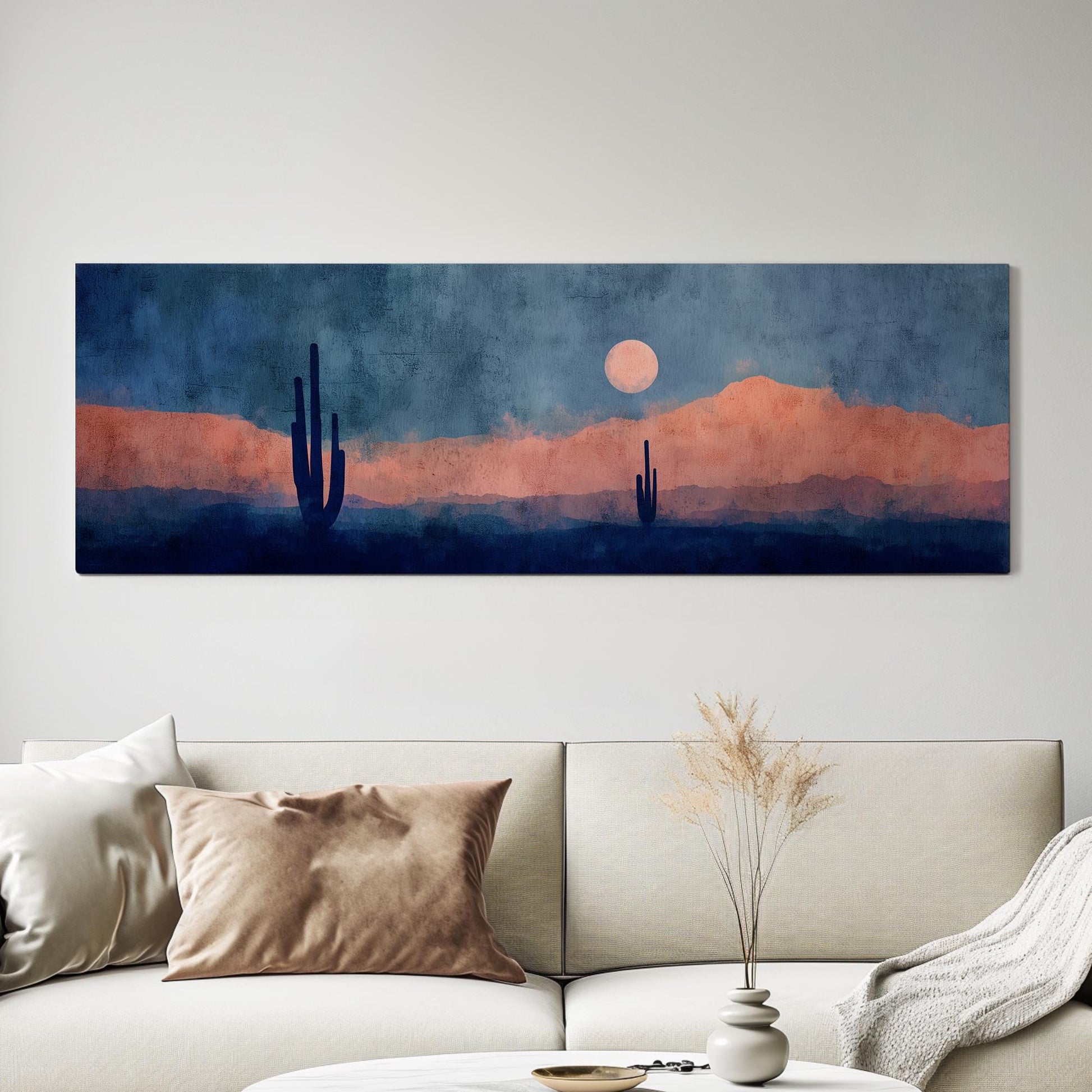 Desert Moonrise Canvas Art Abstract Landscape Print Modern Wall Art For Living Room Coral Dusk Art Cactus Decor Panoramic Wall Art