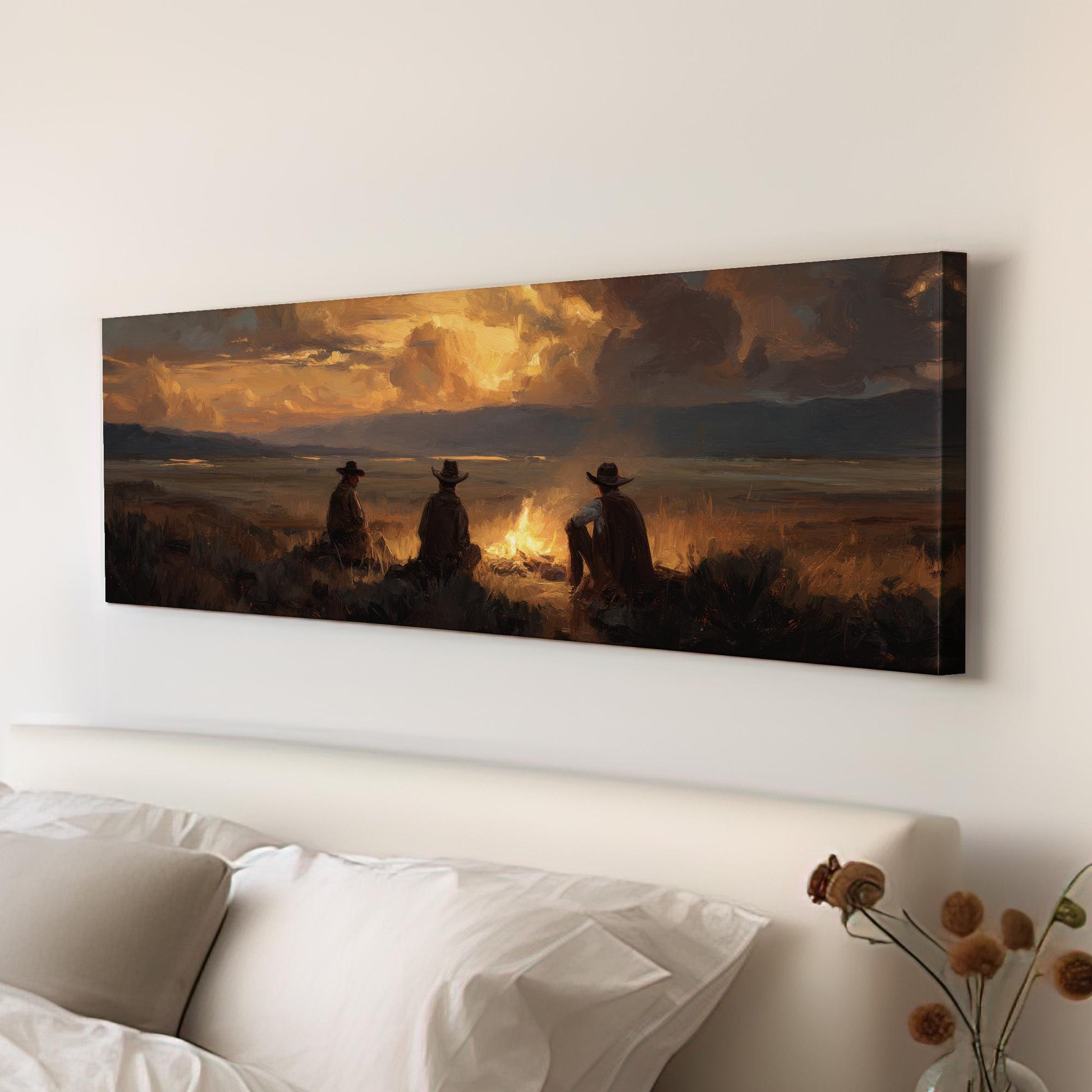 Cowboys at Dusk Canvas Print: Western Landscape, Rustic Wall Art