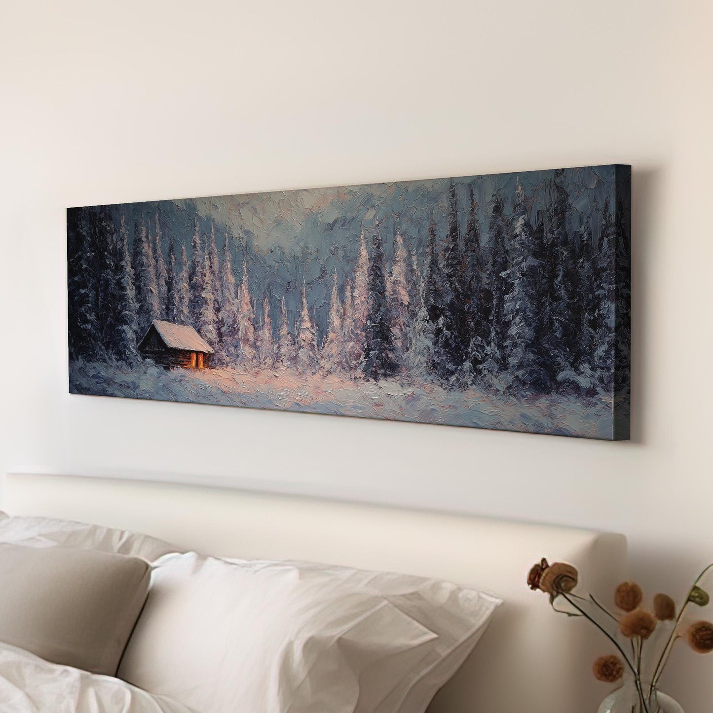 Cozy Winter Cabin Canvas Art Impressionist Print Rustic Wall Art For Living Room Frosted Sapphire Art Snowy Landscape Decor Panoramic Art