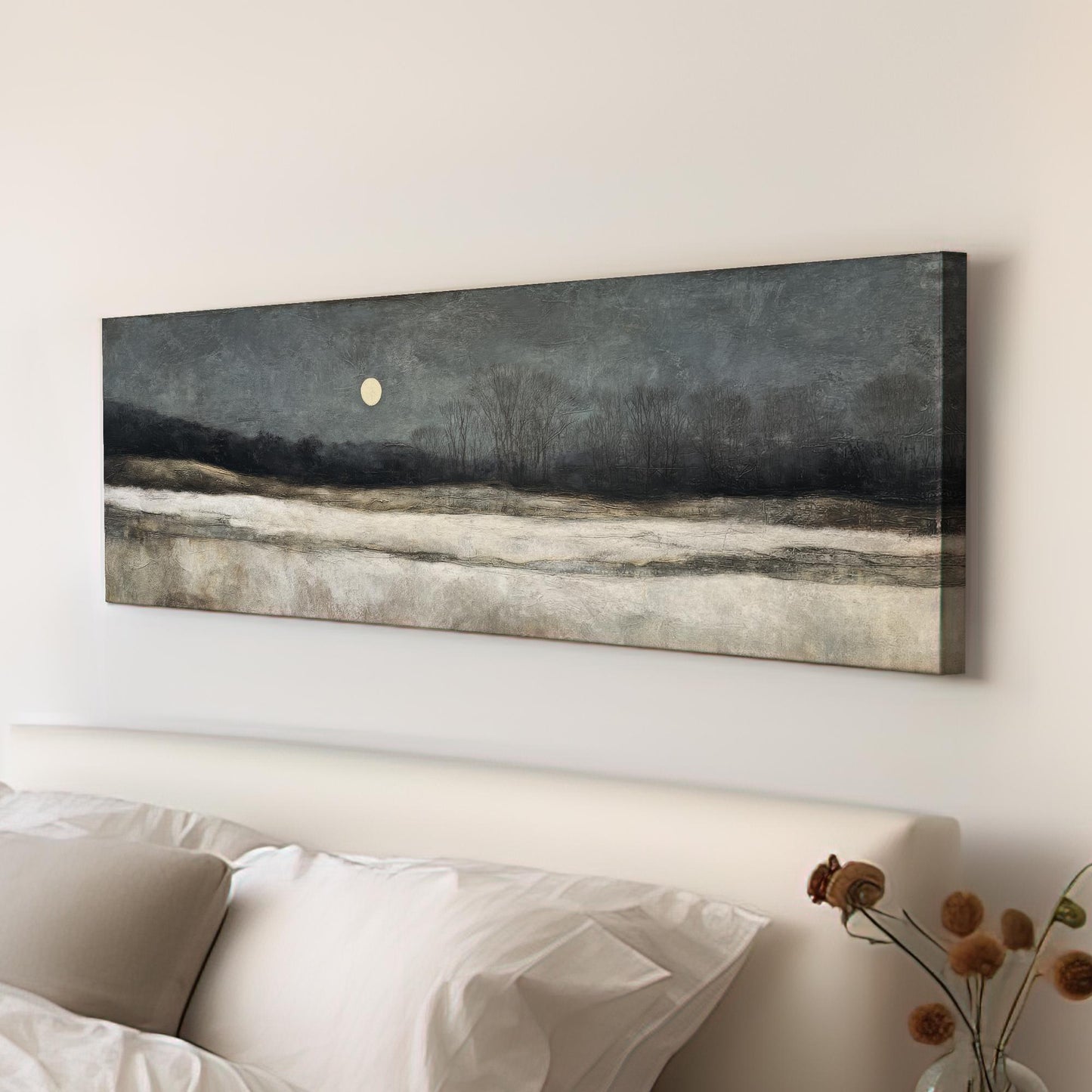 Moonlit Winter Landscape Canvas Art Impressionist Print Rustic Wall Art For Living Room Midnight Blue Art Nocturnal Scene Panoramic Wall Art