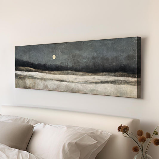 Moonlit Winter Landscape Canvas Art Impressionist Print Rustic Wall Art For Living Room Midnight Blue Art Nocturnal Scene Panoramic Wall Art