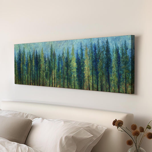 Majestic Pines Canvas Art Impressionist Print Rustic Wall Art For Living Room Verdant Emerald Art Forest Landscape Decor Panoramic Wall Art