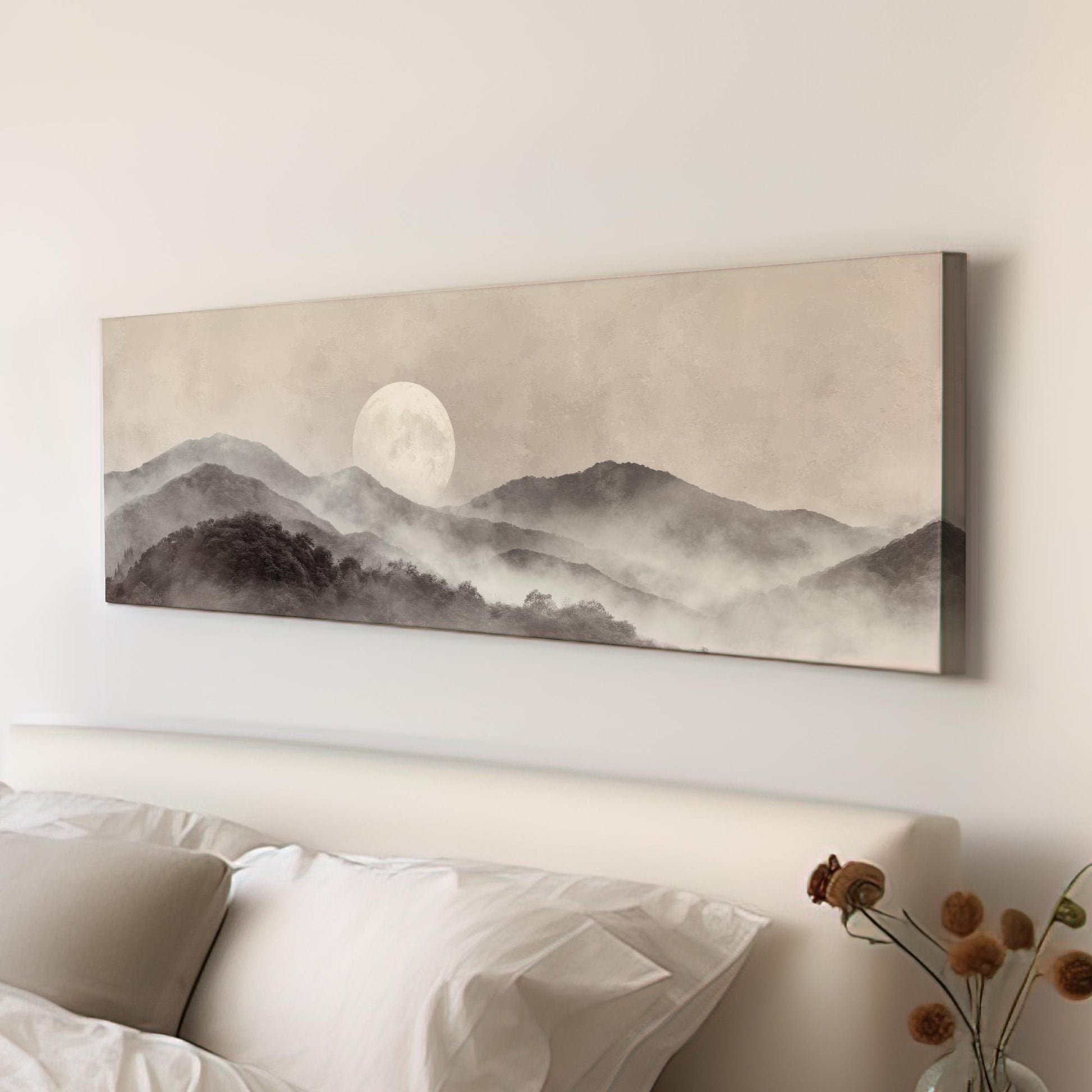 Misty Moonrise Canvas Art Landscape Print Modern Wall Art For Bedroom Whispering Taupe Art Mountain Decor Panoramic Wall Art