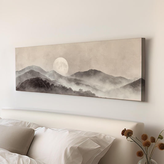 Misty Moonrise Canvas Art Landscape Print Modern Wall Art For Bedroom Whispering Taupe Art Mountain Decor Panoramic Wall Art