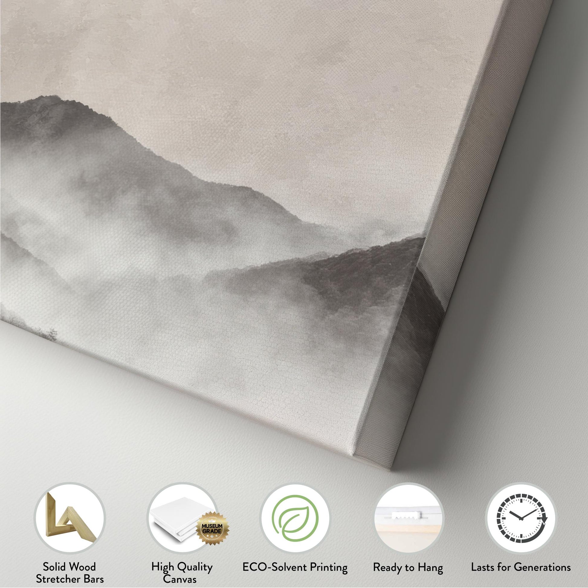 Misty Moonrise Canvas Art Landscape Print Modern Wall Art For Bedroom Whispering Taupe Art Mountain Decor Panoramic Wall Art