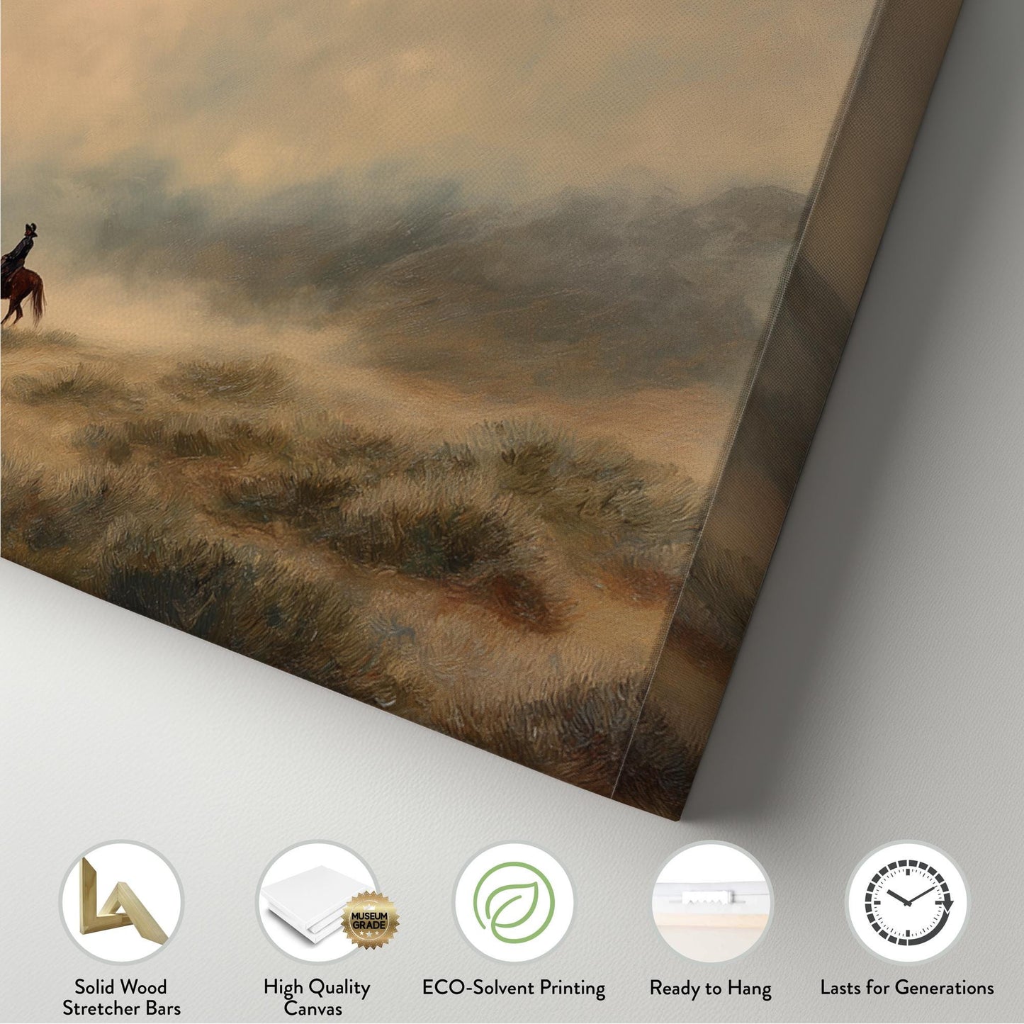 Lone Rider Horizon Canvas Art Western Landscape Print Rustic Wall Art For Living Room Sandy Bronze Art Wilderness Decor Panoramic Wall Art