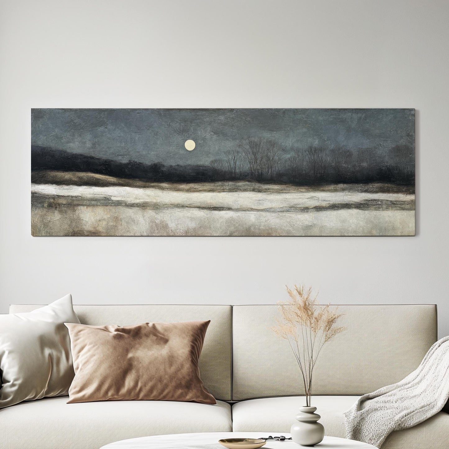 Moonlit Winter Landscape Canvas Art Impressionist Print Rustic Wall Art For Living Room Midnight Blue Art Nocturnal Scene Panoramic Wall Art