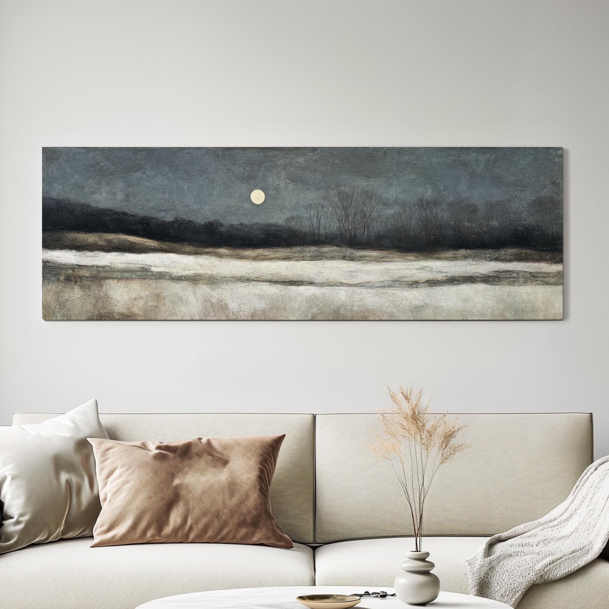 Moonlit Winter Landscape Canvas Art Impressionist Print Rustic Wall Art For Living Room Midnight Blue Art Nocturnal Scene Panoramic Wall Art