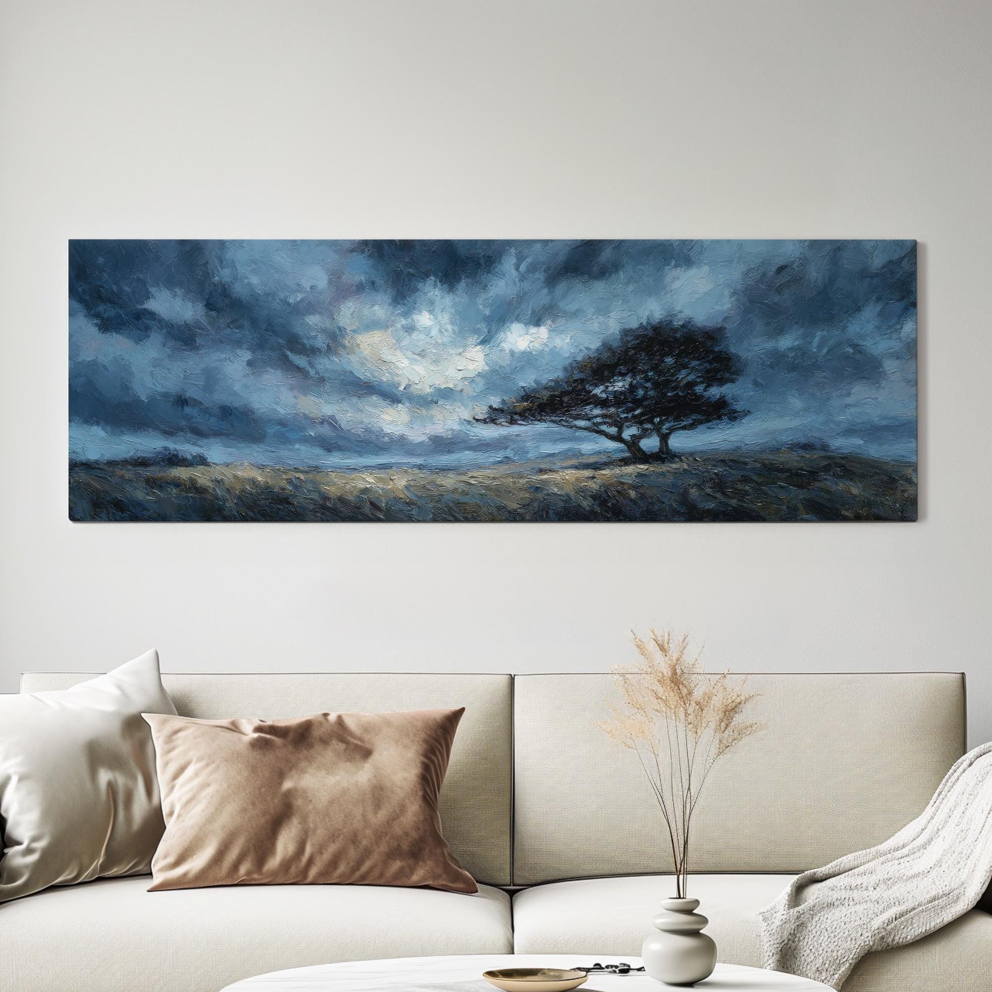 Mysterious Nightfall Canvas Art Impressionist Print Modern Wall Art For Living Room Midnight Blue Art Tree Landscape Decor Panoramic Art