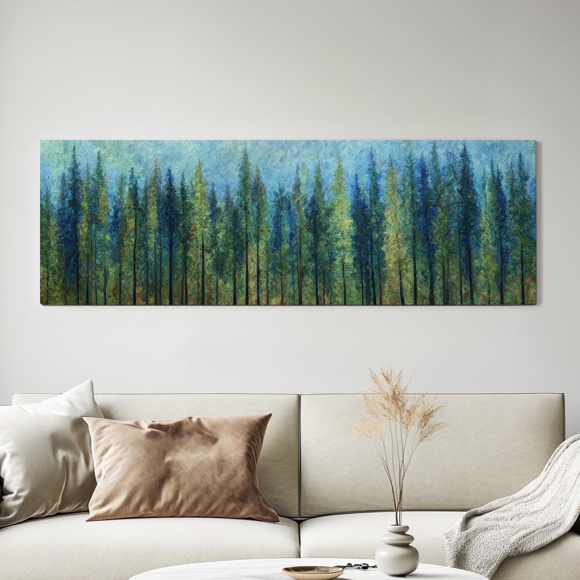 Majestic Pines Canvas Art Impressionist Print Rustic Wall Art For Living Room Verdant Emerald Art Forest Landscape Decor Panoramic Wall Art