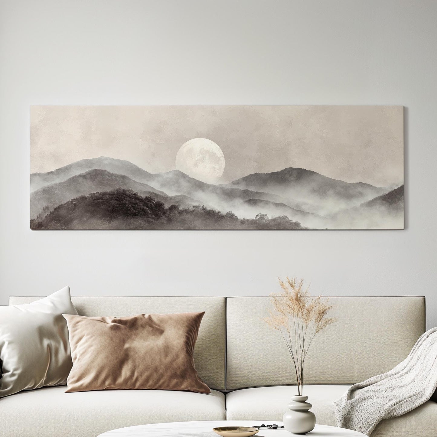 Misty Moonrise Canvas Art Landscape Print Modern Wall Art For Bedroom Whispering Taupe Art Mountain Decor Panoramic Wall Art