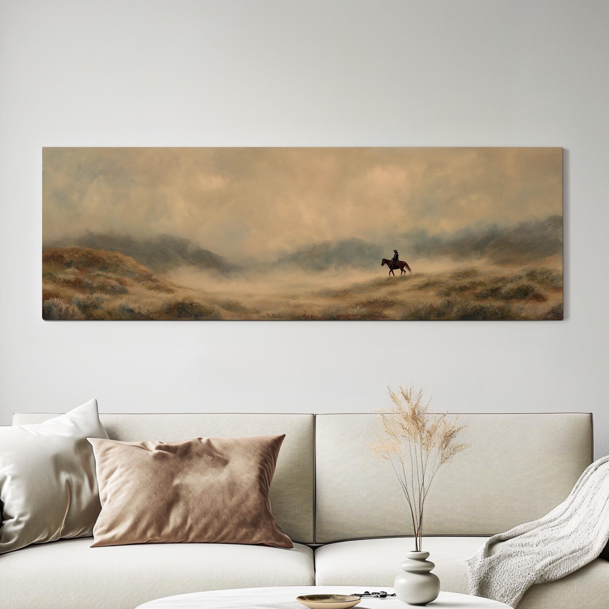 Lone Rider Horizon Canvas Art Western Landscape Print Rustic Wall Art For Living Room Sandy Bronze Art Wilderness Decor Panoramic Wall Art
