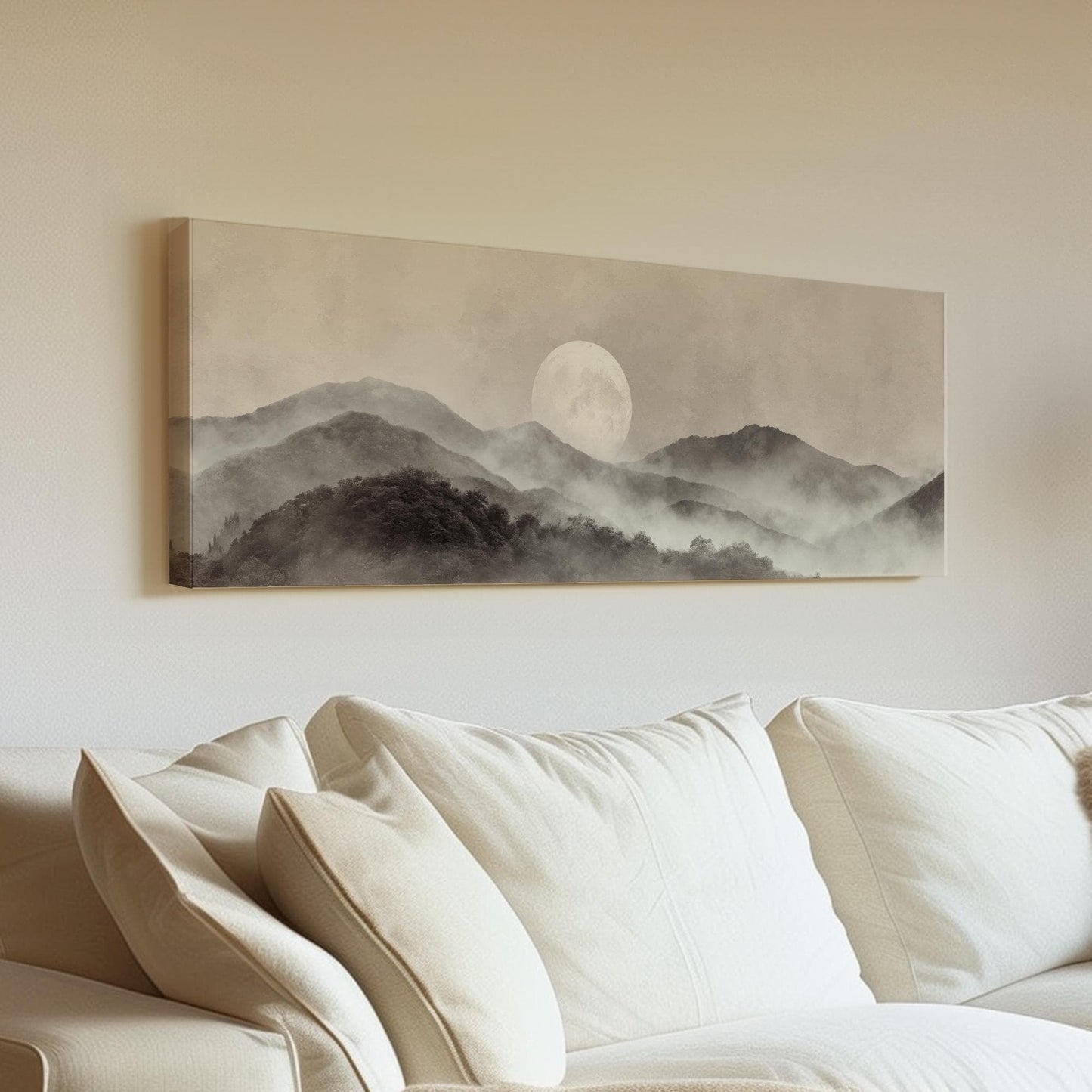 Misty Moonrise Canvas Art Landscape Print Modern Wall Art For Bedroom Whispering Taupe Art Mountain Decor Panoramic Wall Art