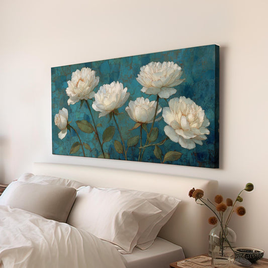 White Peonies Elegance Canvas Art | Floral Classic Print | Traditional Wall Art For Bedroom | Ocean Teal Art | Botanical Horizontal Art