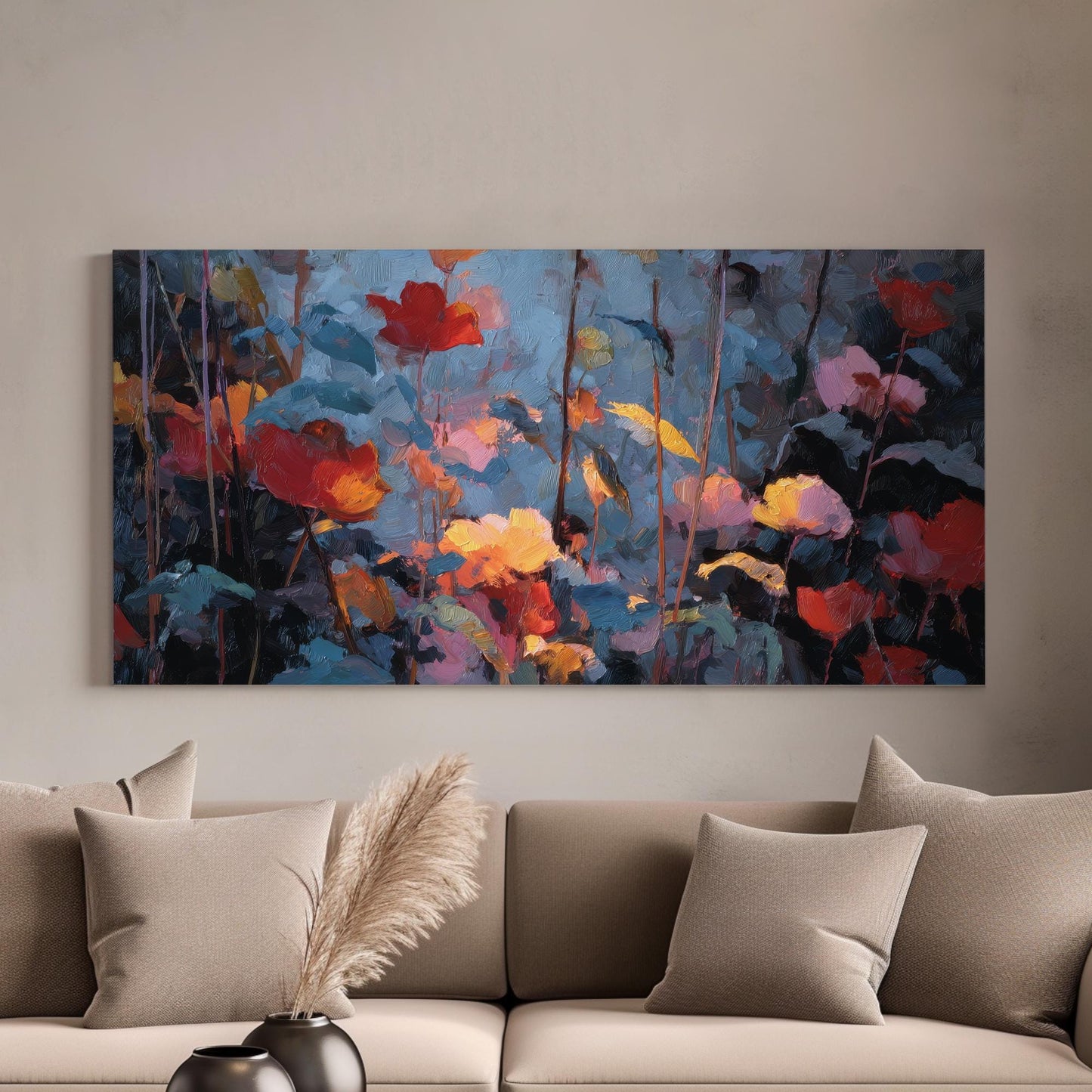 Vibrant Floral Symphony Canvas Art | Impressionist Print | Modern Wall Art For Living Room | Sunset Coral Art | Blooming Garden Decor Art