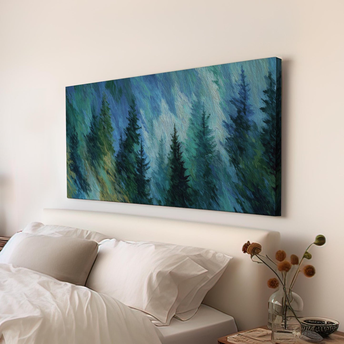 Misty Pines Canvas Art | Impressionist Print | Contemporary Wall Art For Living Room | Azure Forest Art | Nature Decor Horizontal Art