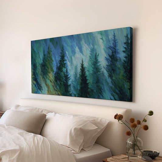 Misty Pines Canvas Art | Impressionist Print | Contemporary Wall Art For Living Room | Azure Forest Art | Nature Decor Horizontal Art