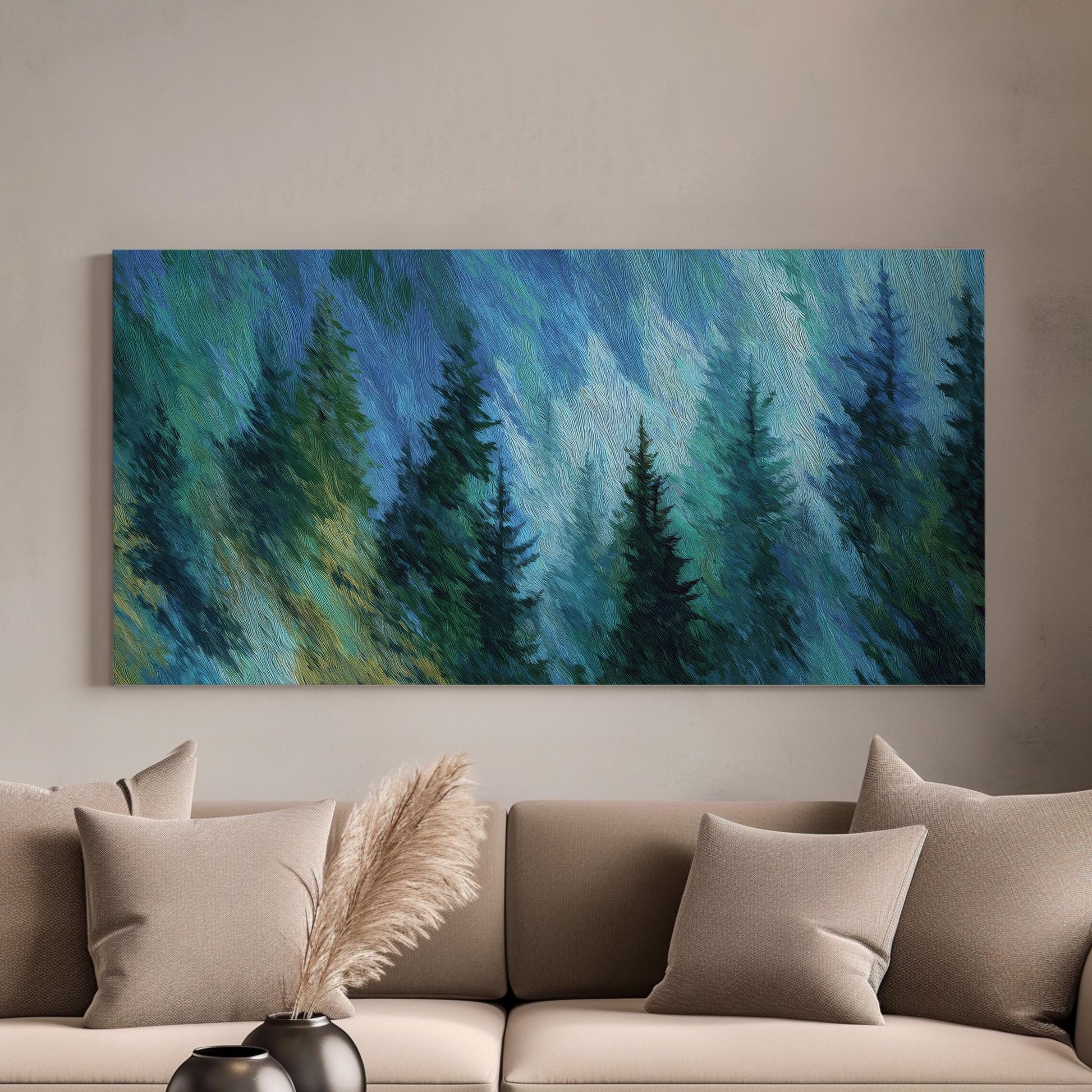Misty Pines Canvas Art | Impressionist Print | Contemporary Wall Art For Living Room | Azure Forest Art | Nature Decor Horizontal Art
