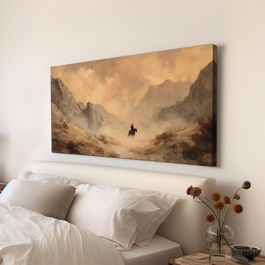 Lone Rider in the Mist Canvas Art | Western Landscape Print | Rustic Wall Art For Living Room | Sandy Dunes Art | Mountain Passage Art