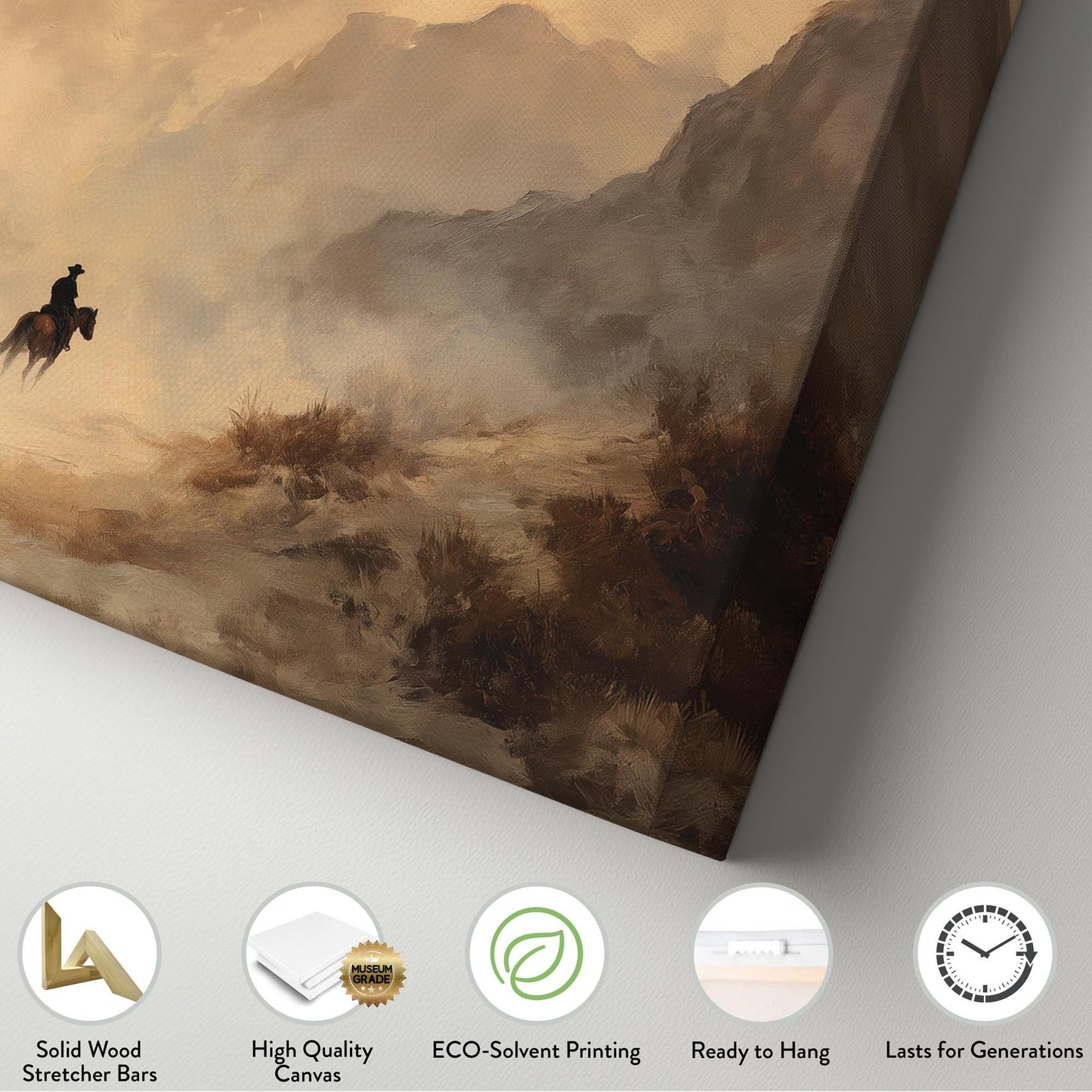 Lone Rider in the Mist Canvas Art | Western Landscape Print | Rustic Wall Art For Living Room | Sandy Dunes Art | Mountain Passage Art