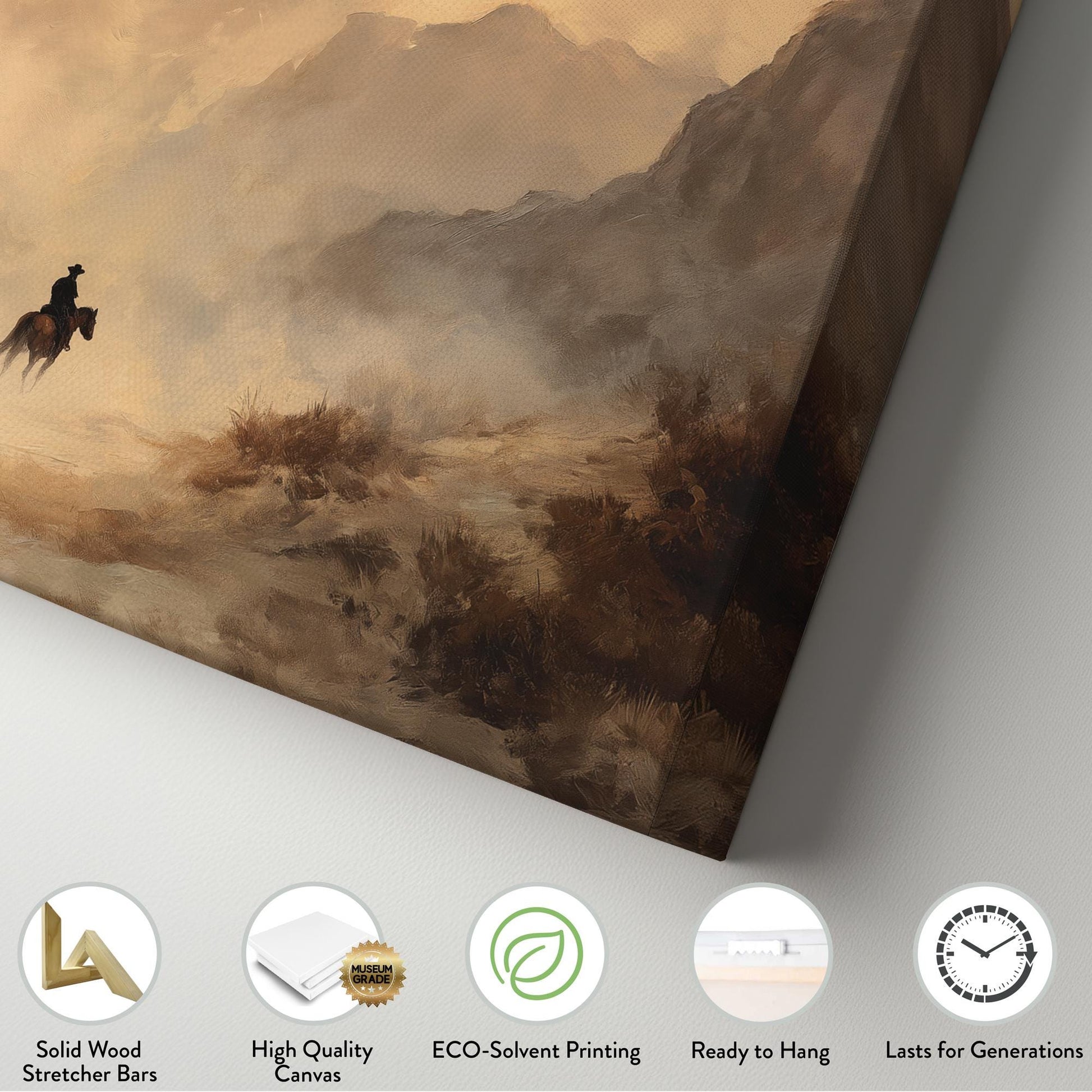 Lone Rider in the Mist Canvas Art | Western Landscape Print | Rustic Wall Art For Living Room | Sandy Dunes Art | Mountain Passage Art