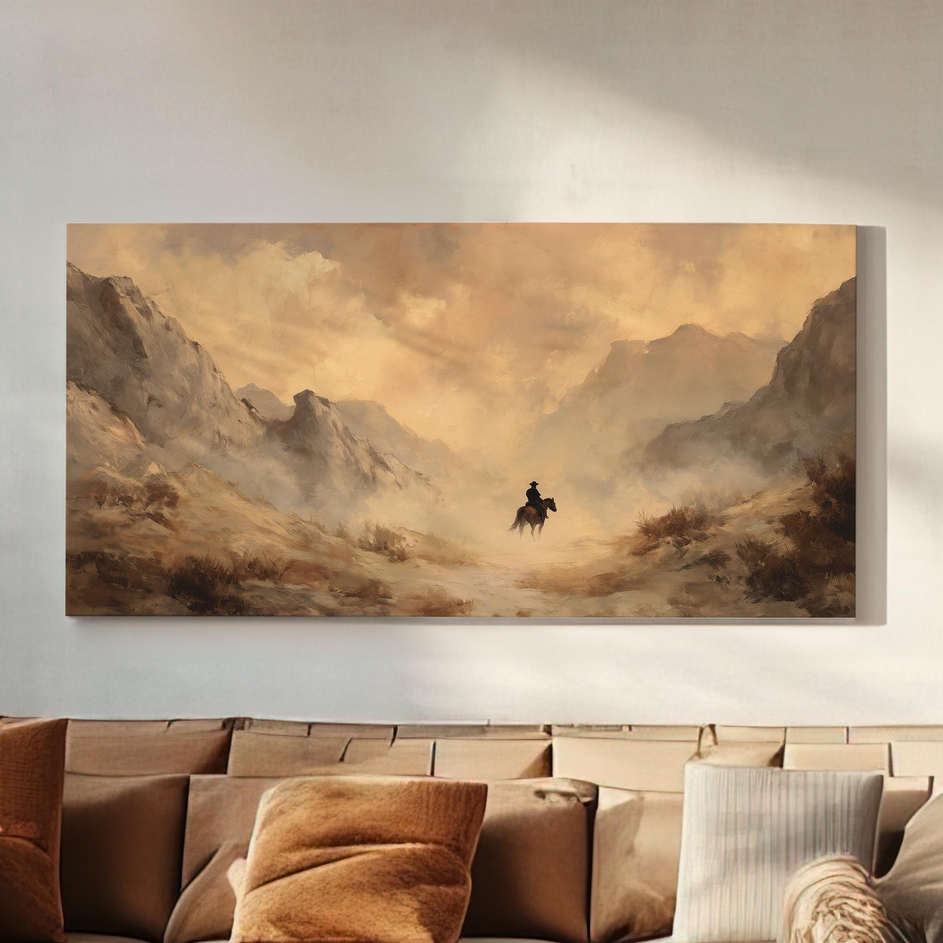 Lone Rider in the Mist Canvas Art | Western Landscape Print | Rustic Wall Art For Living Room | Sandy Dunes Art | Mountain Passage Art