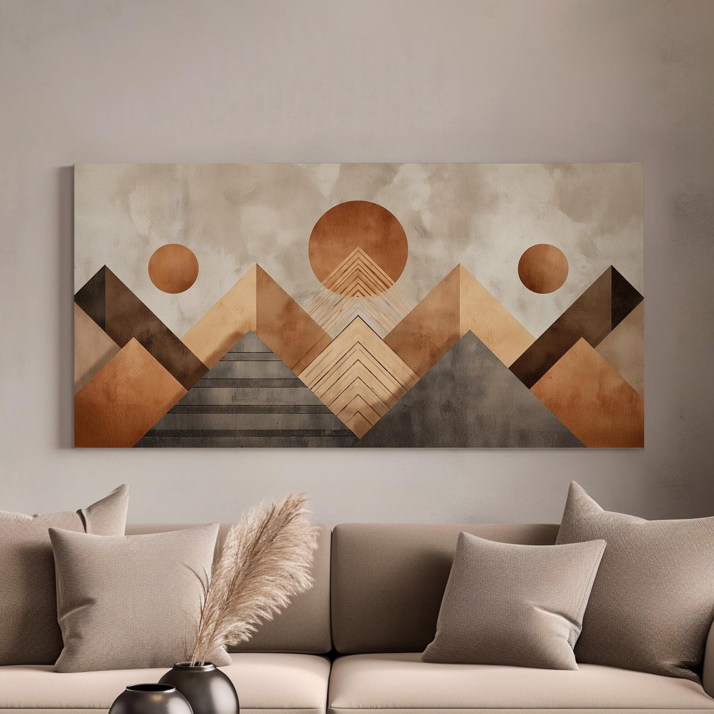Geometric Sun and Mountain Peaks Canvas Art | Abstract Print | Modern Wall Art for Living Room | Caramel Latte Art | Landscape Decor Art