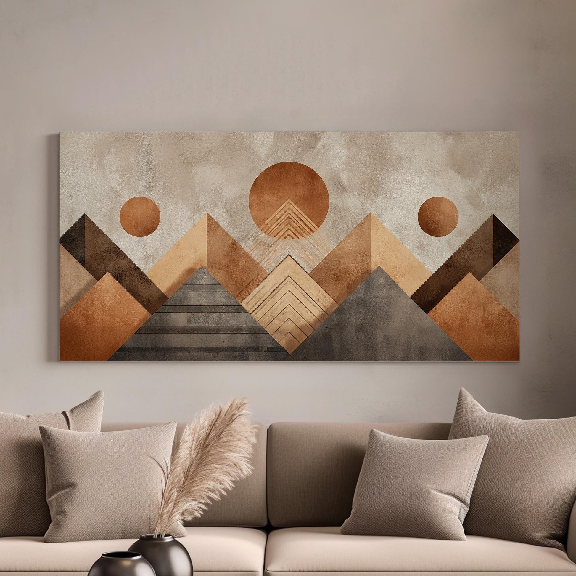 Geometric Sun and Mountain Peaks Canvas Art | Abstract Print | Modern Wall Art for Living Room | Caramel Latte Art | Landscape Decor Art